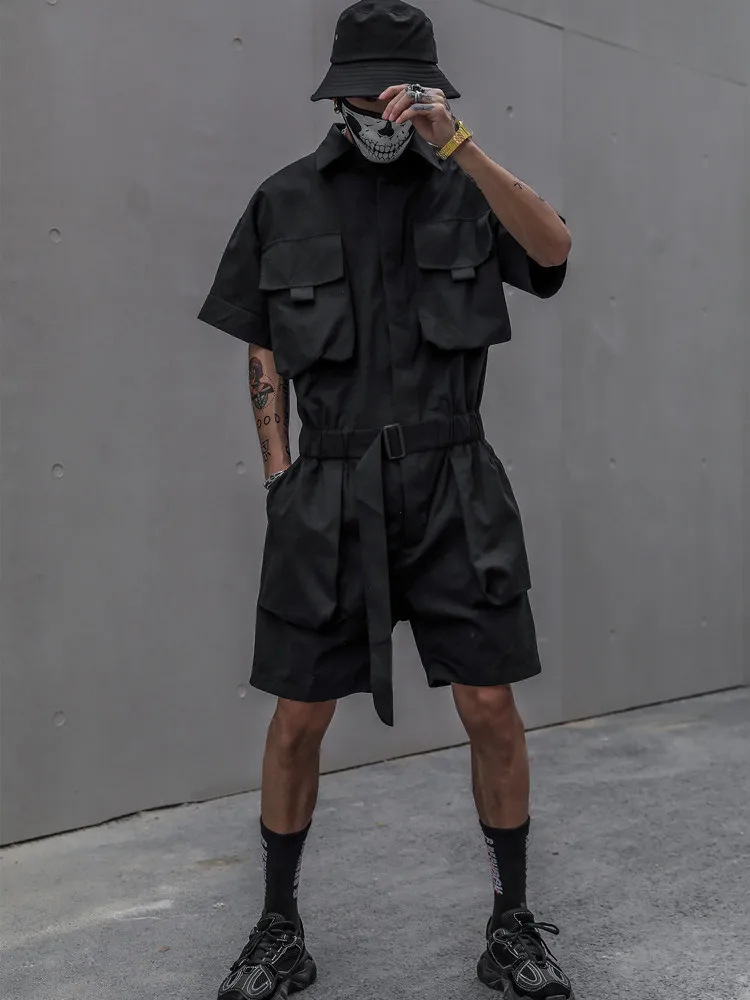 ARENS Overalls Men Cargo Pants Black Classic Overall Casual Jumpsuit Black Trousers Male Japanese Streetwear Techwear Summer