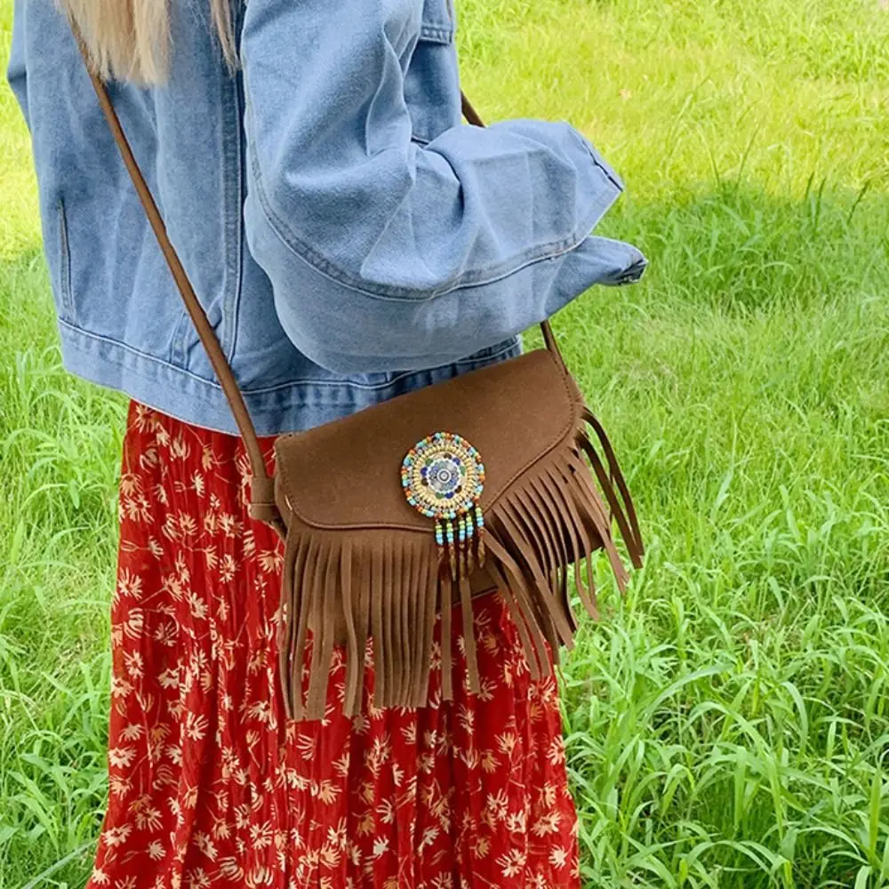 الكورية نمط شرابة حقيبة كتف خمر سعة كبيرة من جلد الغزال حقيبة كروسبودي بولي Leather الجلود البوهيمي نمط حقيبة يد النمط العرقي