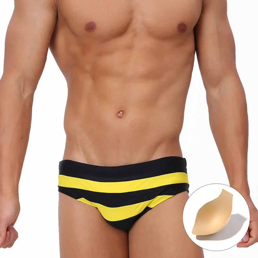 Calzoncillos de baño con bolsillo pequeño trasero a rayas para hombre, ropa interior de secado rápido con copa, estilo europeo y americano