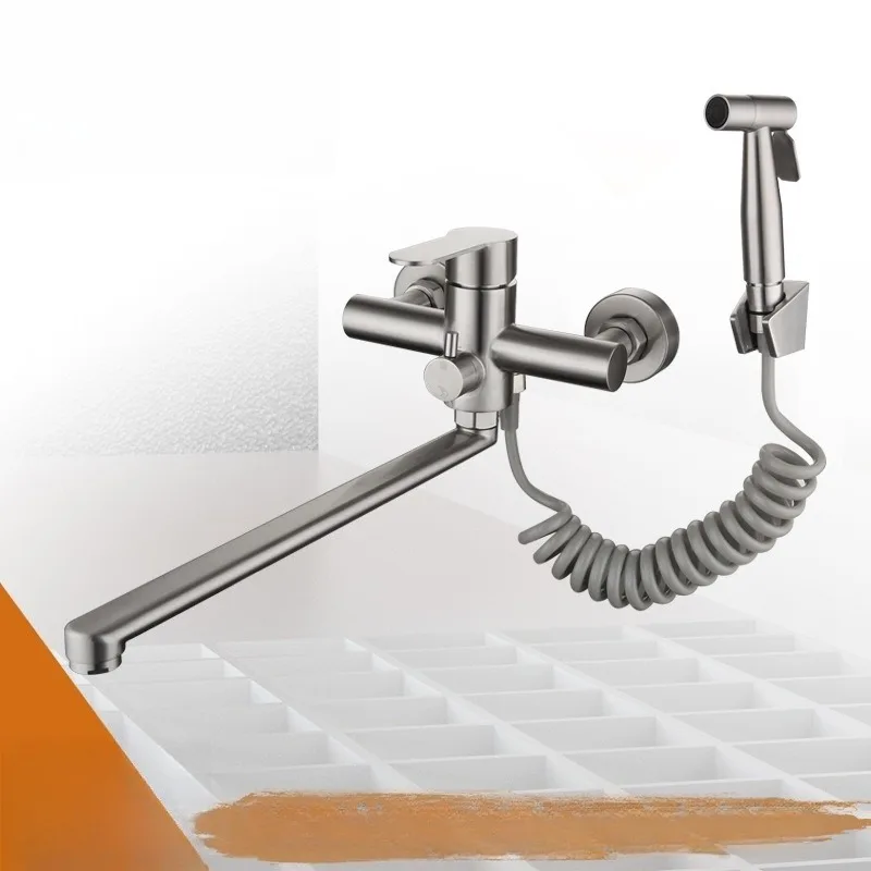 304 Stainless Steel Embedded Extended Spout Kitchen Faucet Set, Pressurized Spray Gun Bathroom Multifunctional Faucet