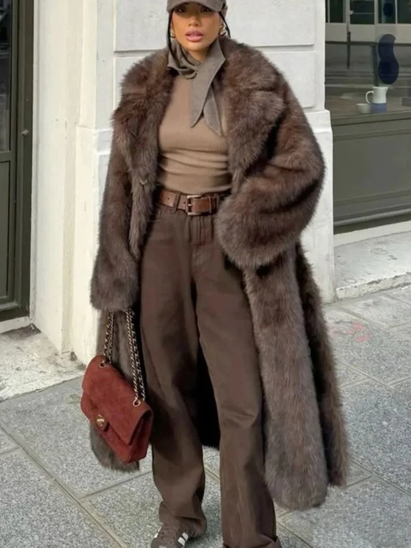 

Fashion Brown Faux Fur Coat Women's Lapel Loose Plush Thick Imitation Of Fox Fur Overcoat Winter New 7AEHJ