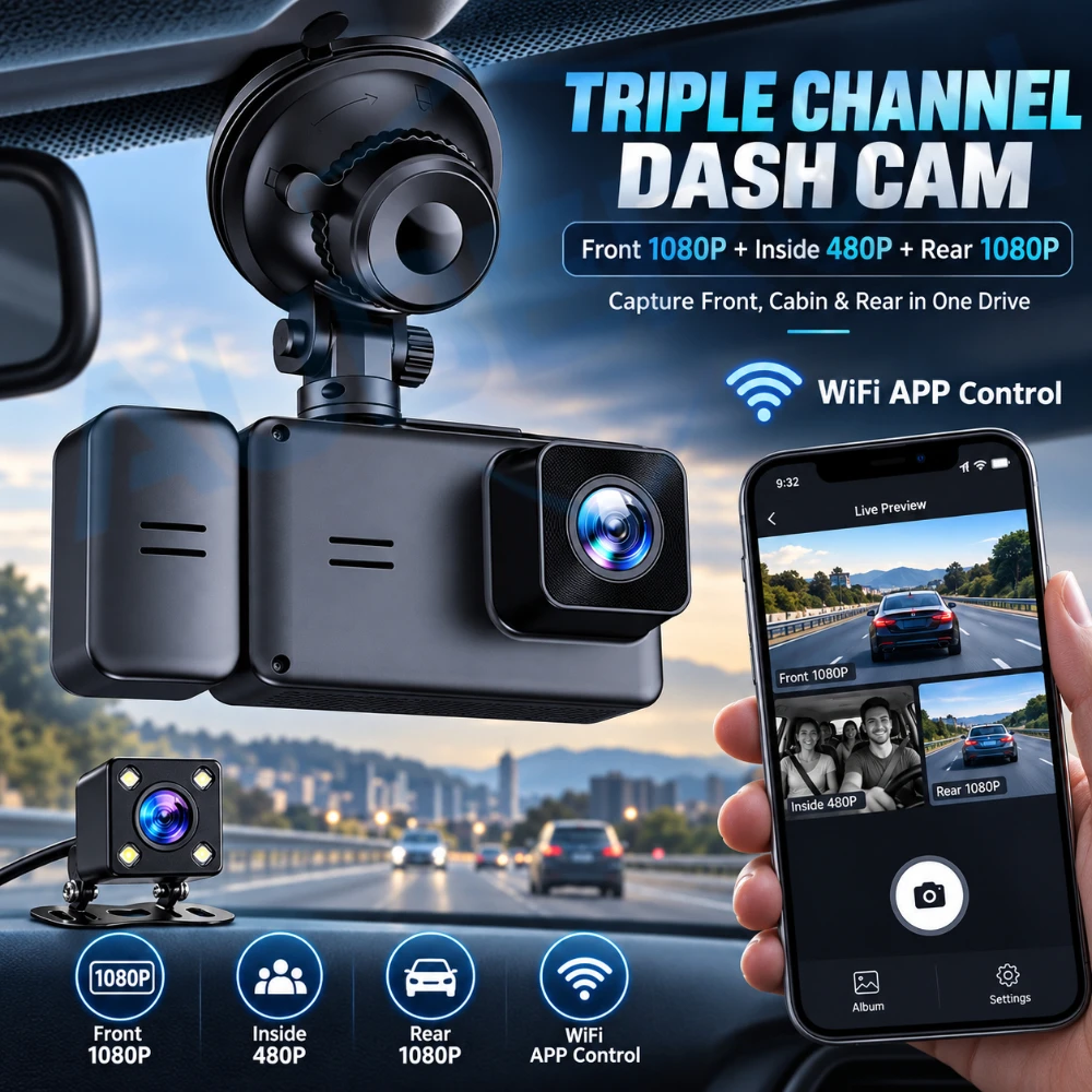 Triple Camera Dash Cam 1080P Front Rear Car DVR WiFi Camera Night Vision Driving Recorder Reverse Camera Loop Recording G-Sensor