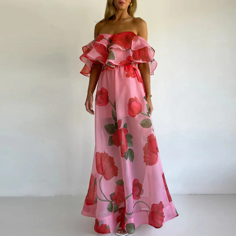 

Модный комплект из двух предметов: юбка с цветочным принтом и топ с открытыми плечами, повседневный, с коротким рукавом, для женщин, сексуальный, для вечеринок