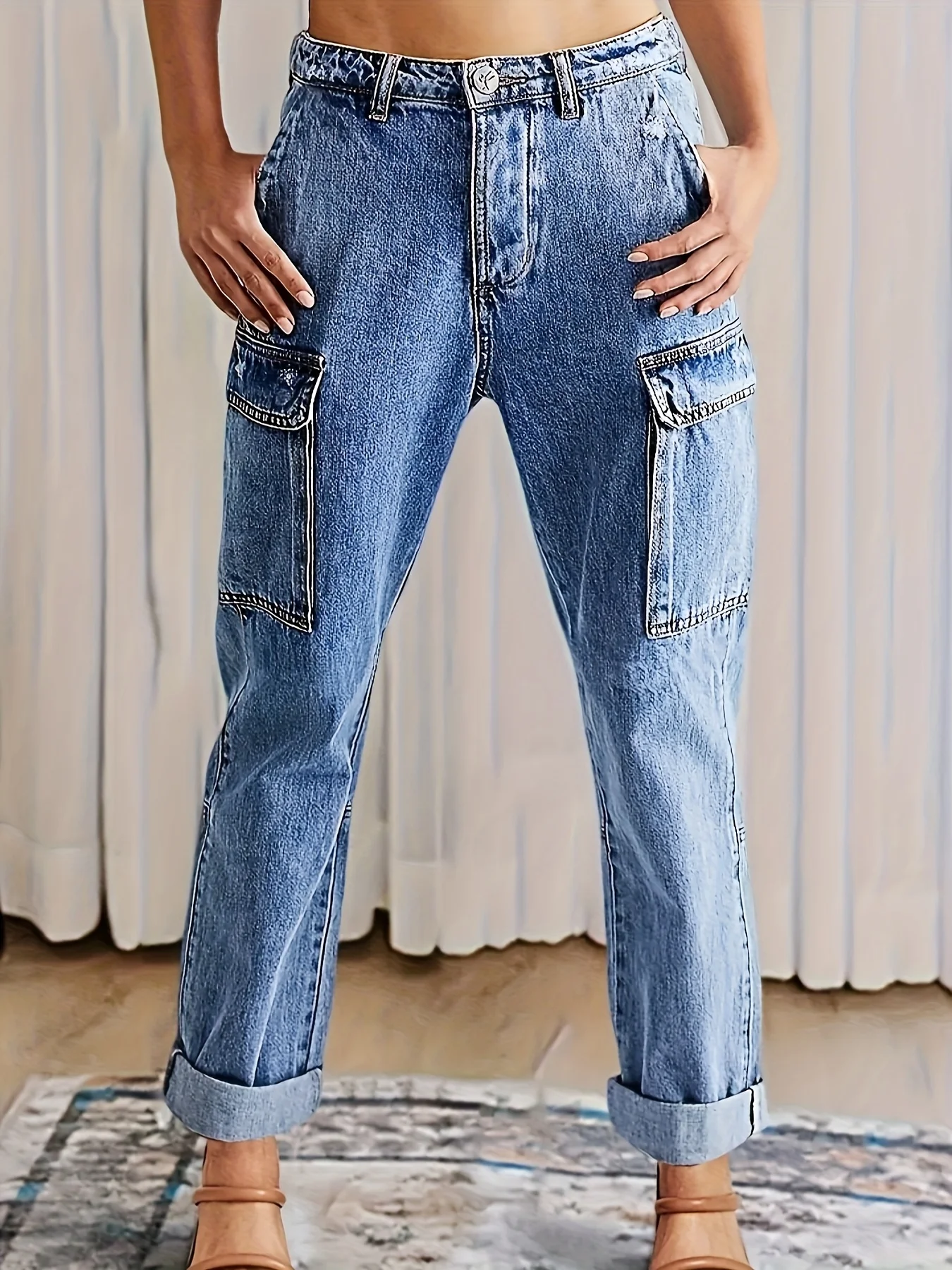 

Women's high-waisted loose multi-pocket contrasting thread splice straight-leg jeans