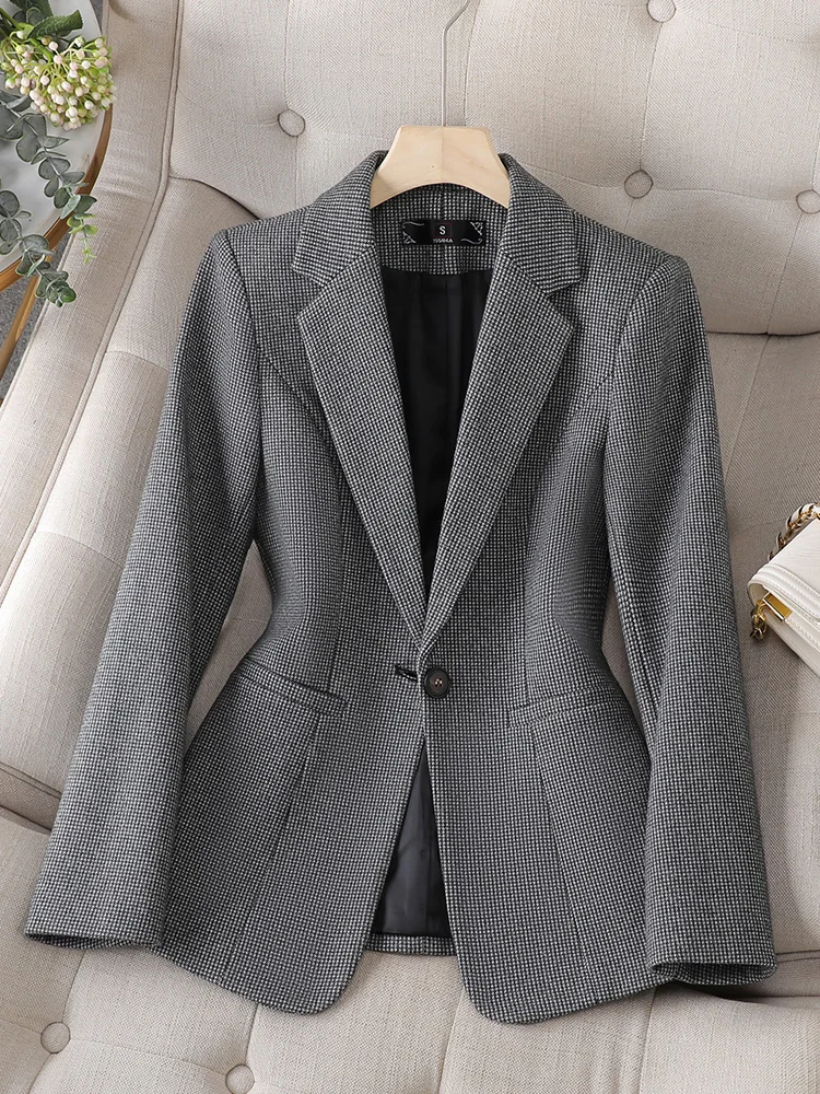 Gray Apricot Plaid Ladies Blazer Women Formal Jacket Long Sleeve Single Button Female Business Work Wear Coat