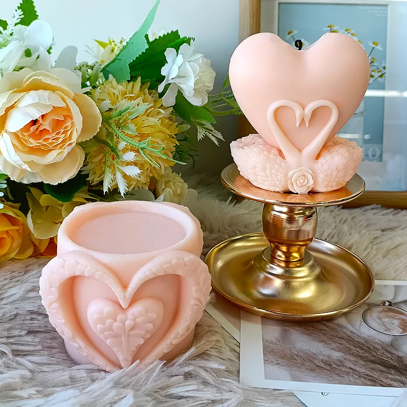 

3D Swan Heart Candle Mould Valentine's Day Scented Candle Moulds Aromatherapy Gypsum Epoxy Resin Decoration Gift
