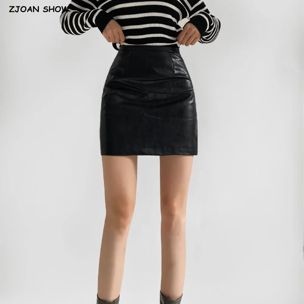 

New 2025 Autumn Sexy Soft PU Leather High Waist Skirt Vintage Women Back Zipper Package Hips Mini Short Skater Skirt Brown Black