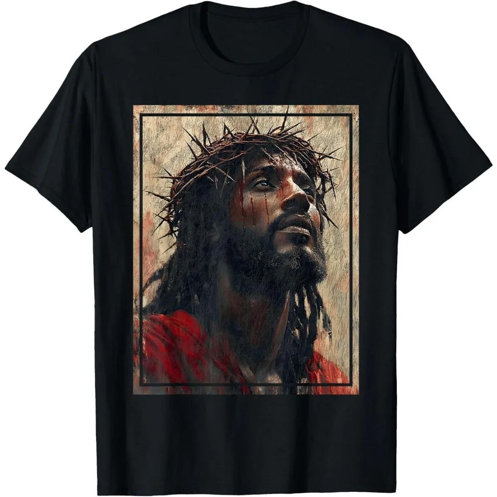 Zwart Jezus Gezicht van Jezus Kruis met Kroon van Doornen T-shirt Bedrukt T-shirt voor christelijke gelovigen O-hals tops met korte mouwen