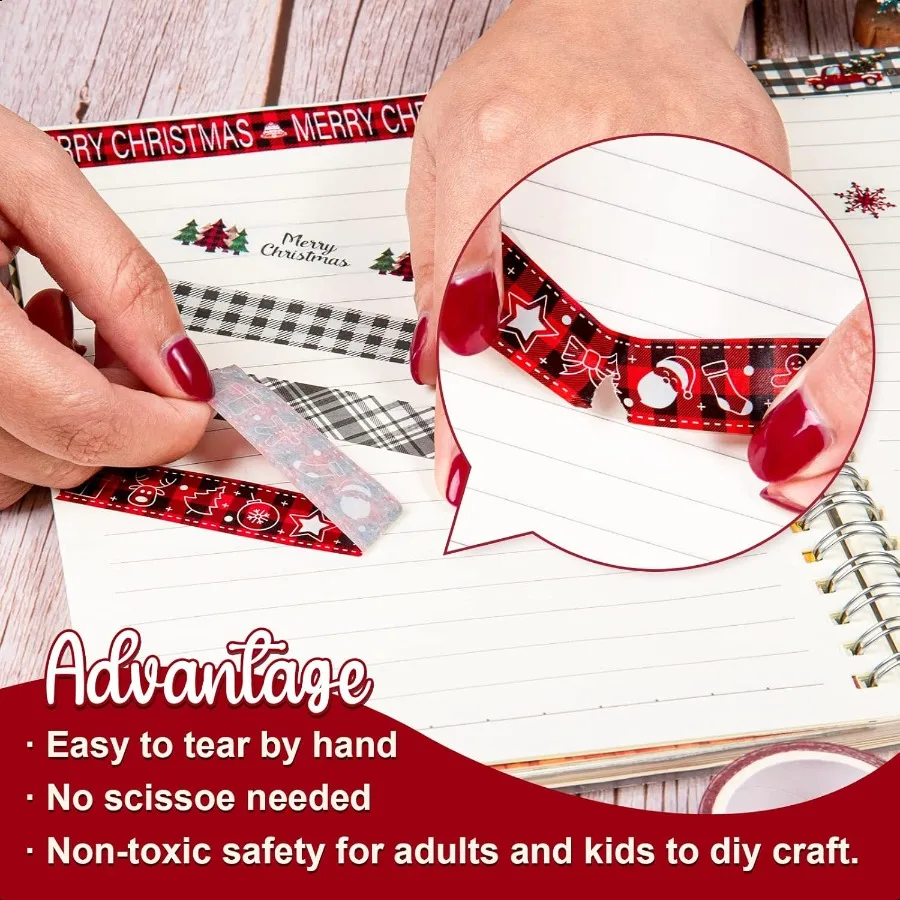 12 rotoli di nastro adesivo Washi natalizio plaid albero di Natale fiocco di neve gnomo camion nastro Washi Natale classico rosso nero adesivo decorativo T