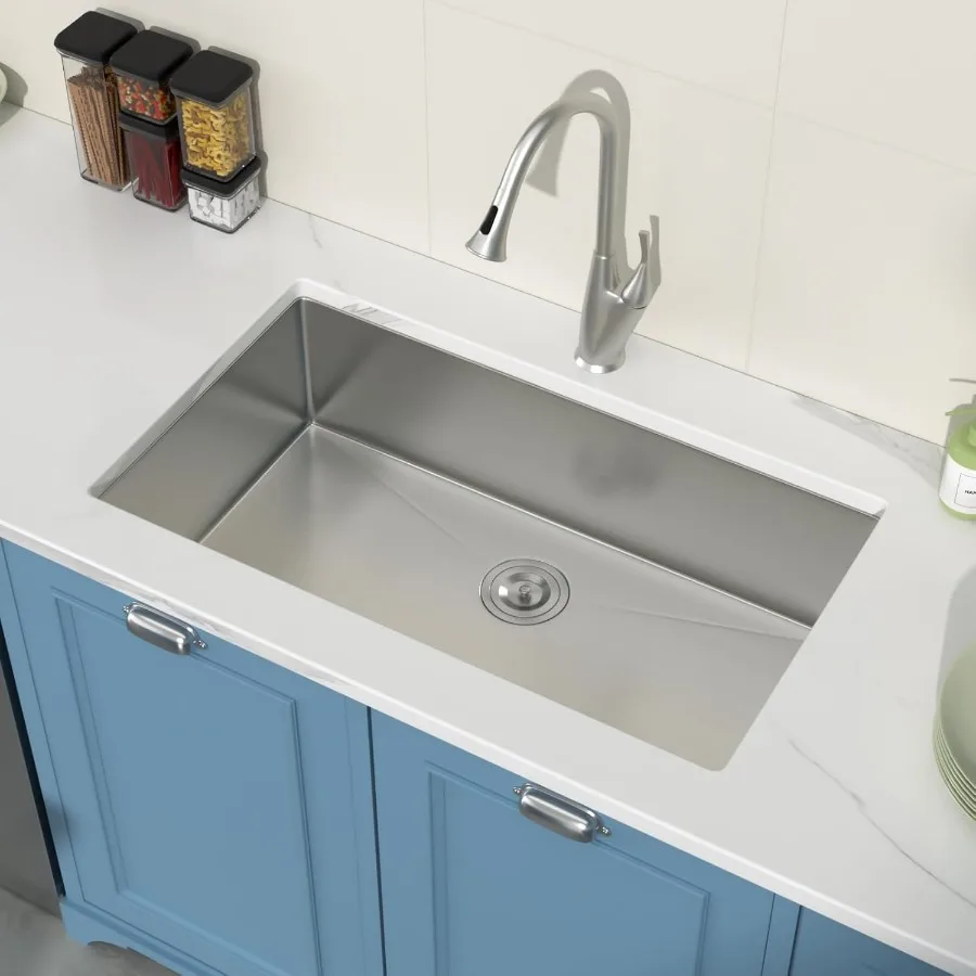 حوض المطبخ Undermount 33x19 بوصة وعاء واحد عميق 18 مقياس الفولاذ المقاوم للصدأ تحت حوض أحواض المطبخ مع R10 Round C