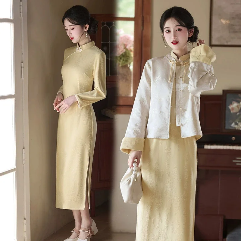 

Желтый новый длинный осенне-зимний Cheongsam в китайском стиле с длинными рукавами, улучшенный жилет для молодых женщин, куртка, комплект из двух предметов Qipao