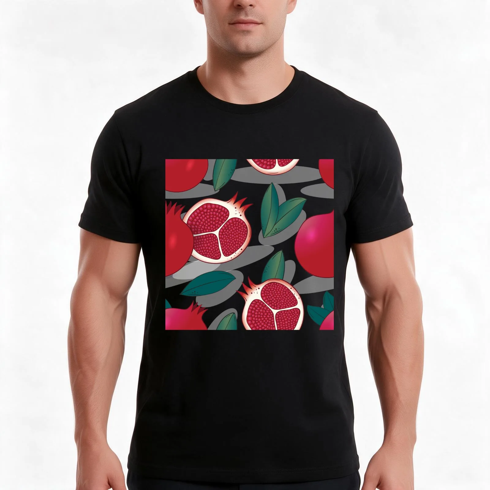 Pomegranate with dark blue leaves seamless pattern T-Shirt, Summer Casual Cotton Tee, Oversized Streetwear Tops, 100% Cotton
