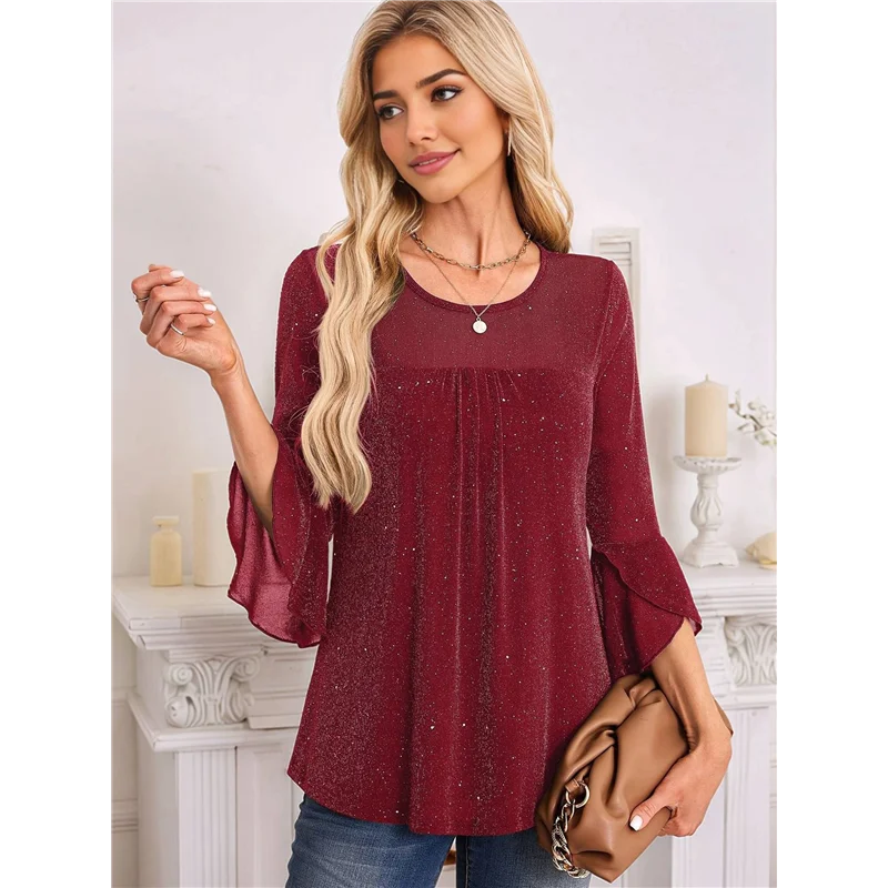 ASDS-dames ruches 3/4 mouw elegante chic blouses ronde hals dubbele lagen mesh tuniek tops