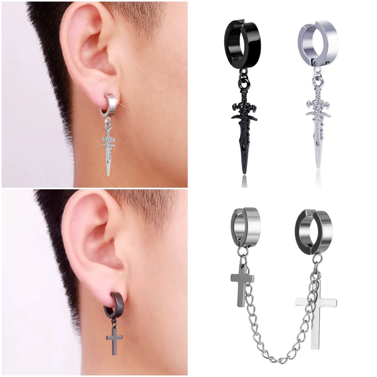 1 ud. Pendiente de clip de acero inoxidable con cruz y estrellas estilo punk, sin perforación, para mujer, moda hip-hop, sin agujero en la oreja, joyería para hombre, regalo.