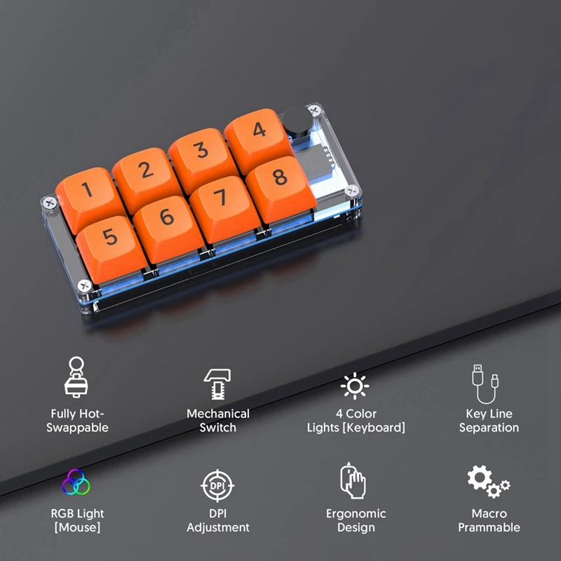 8 Key Macro Programmable Fully Hot Swappable Mechanical Switch 4 Color RGB Light Gaming Keyboard Numeric Keypad Orange Durable