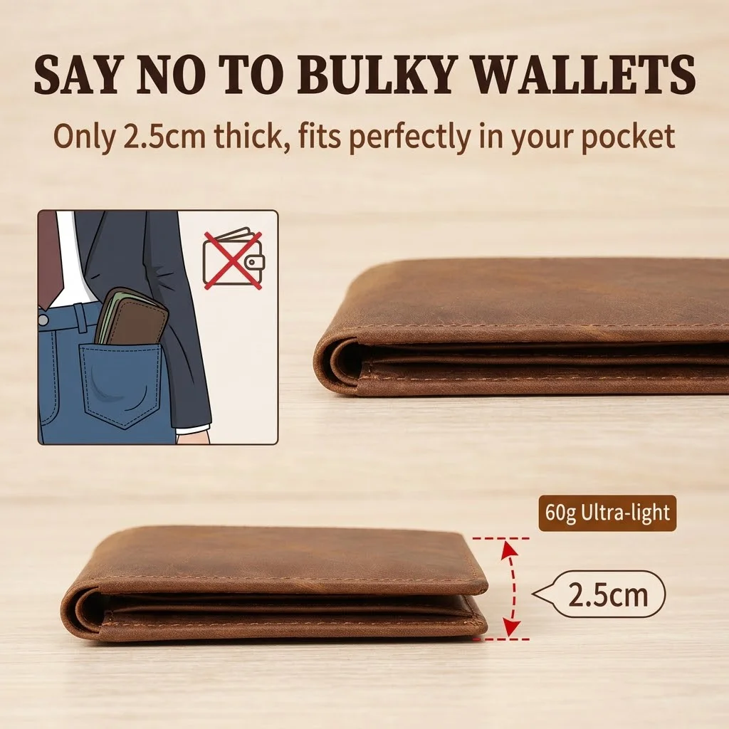 Crazy Horse Men's Genuine Leather Wallet, Top Grain Cowhide Vintage Distressed, Bifold Multi Card Slots with Coin Pocket