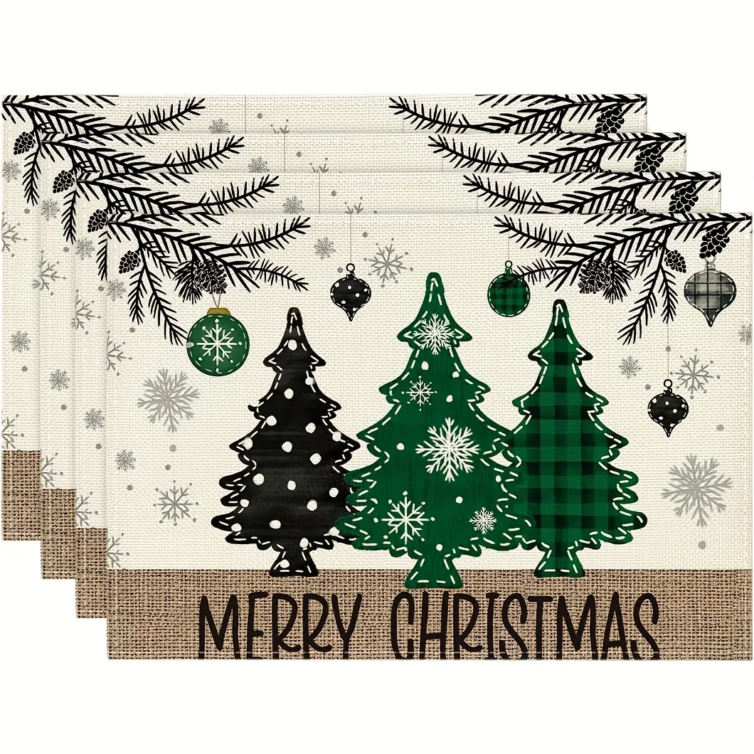 Merry Christmas Tree Snowflake Ornament Print Rectangular Placemats Farmhouse Style Dining Table Decor Table Mats 4/6/8PCS