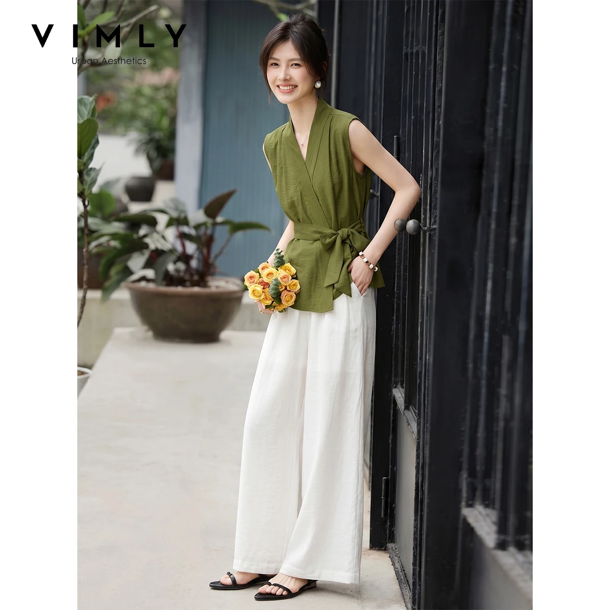 VIMLY Minimalist Commute Women's Suit Lace-up Waist Sleeveless Top Elastic Waist Wide Leg Pants Summer Color Block 2 Piece 31225