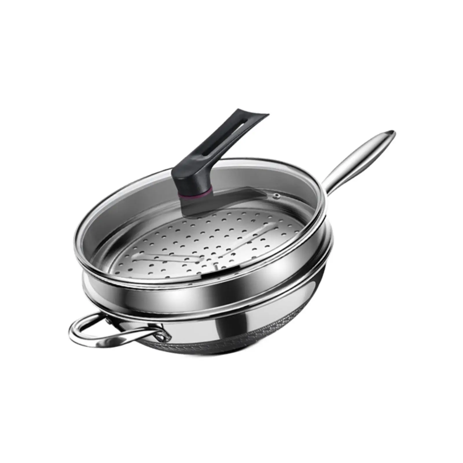 

Stainless Steel Wok Pan with Glass Lid and Steamer Cookware Long Handle Stovetop Pot Stir Fry Pan Frying Pot for Electric Family