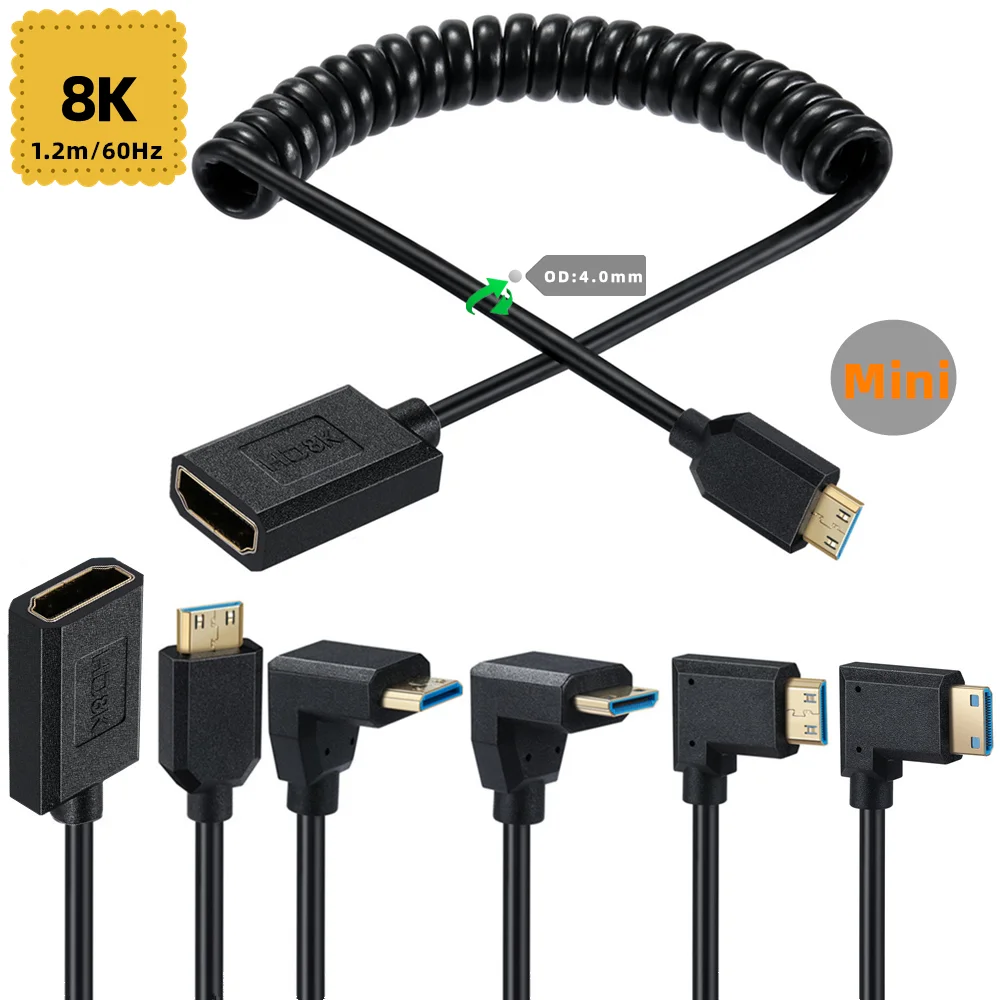 2.1V Super Extreme Slim High Speed Mini HDMI to HDMI-compatible Female coiled Cable Adapter 8K@60Hz 4K@120Hz Cable left/right/up