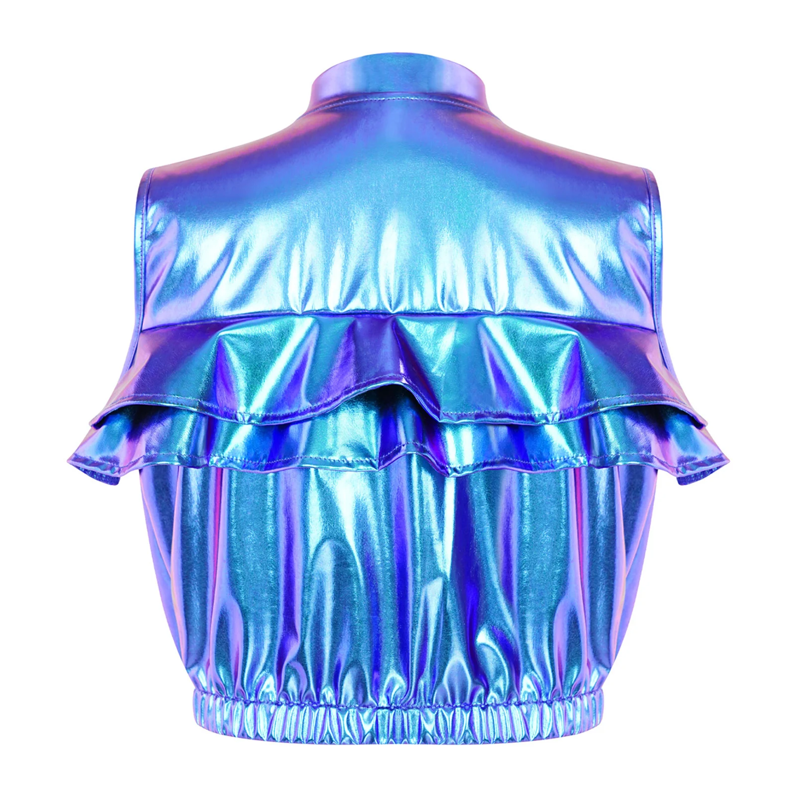 Kids Girls Metallic Disco Jazz Waistcoat Ruffled Vest Elastic Hem Zipper Sleeveless Jacket +Pockets Hip-hop Stage Performance