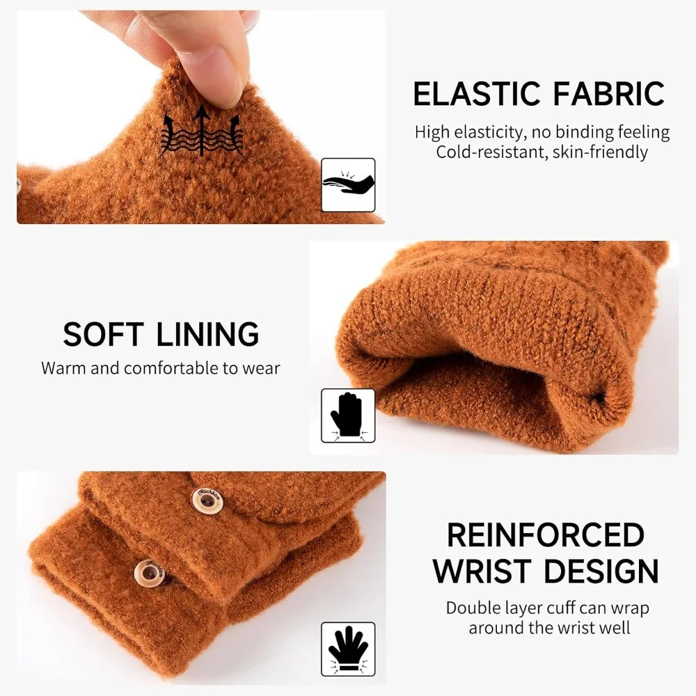 قفازات شتوية قابلة للتحويل بدون أصابع للرجال والنساء، قفاز نصف إصبع دافئ