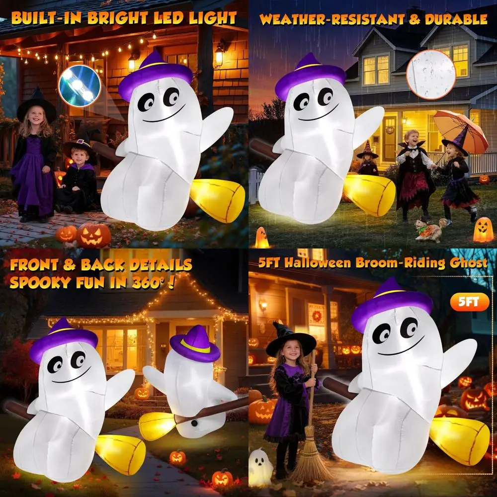 

5 футов надувной призрак на Хэллоуин с метлой и светодиодными фонарями - декор для уличного газона для жутких дворовых вечеринок