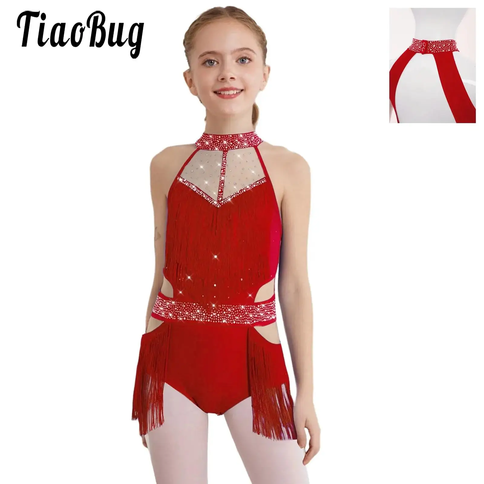

Girls Leotards Dance Latin Skating Dresses Sleeveless Cutout Back Tassels Patchwork Rhinestones Bodysuit Gymnastic Dancewear