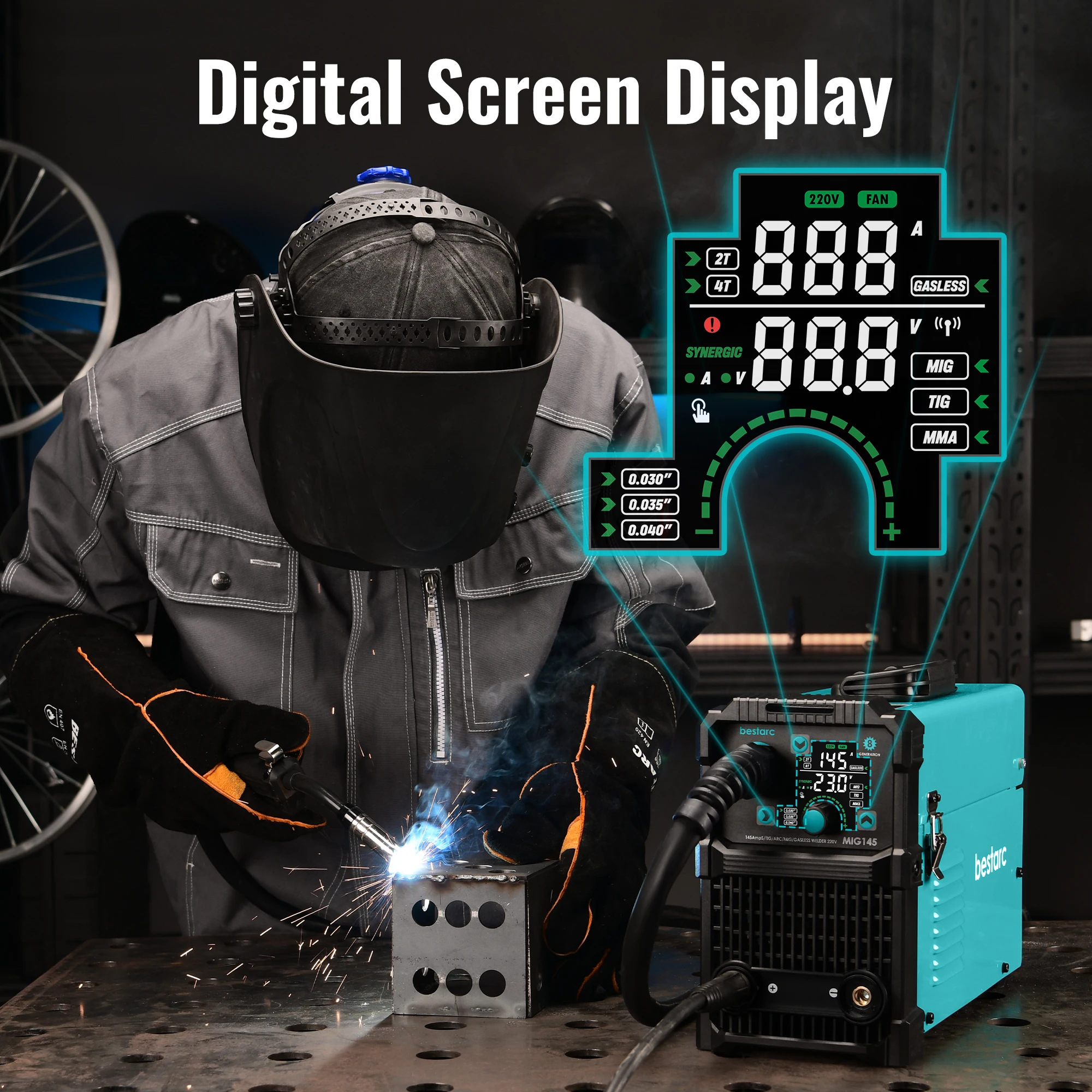 bestarc MIG Welder, MIG145 135A Gasless MIG/Lift TIG/Stick 3 in 1 MIG with Digital Screen Display,110V Single Phase Voltage