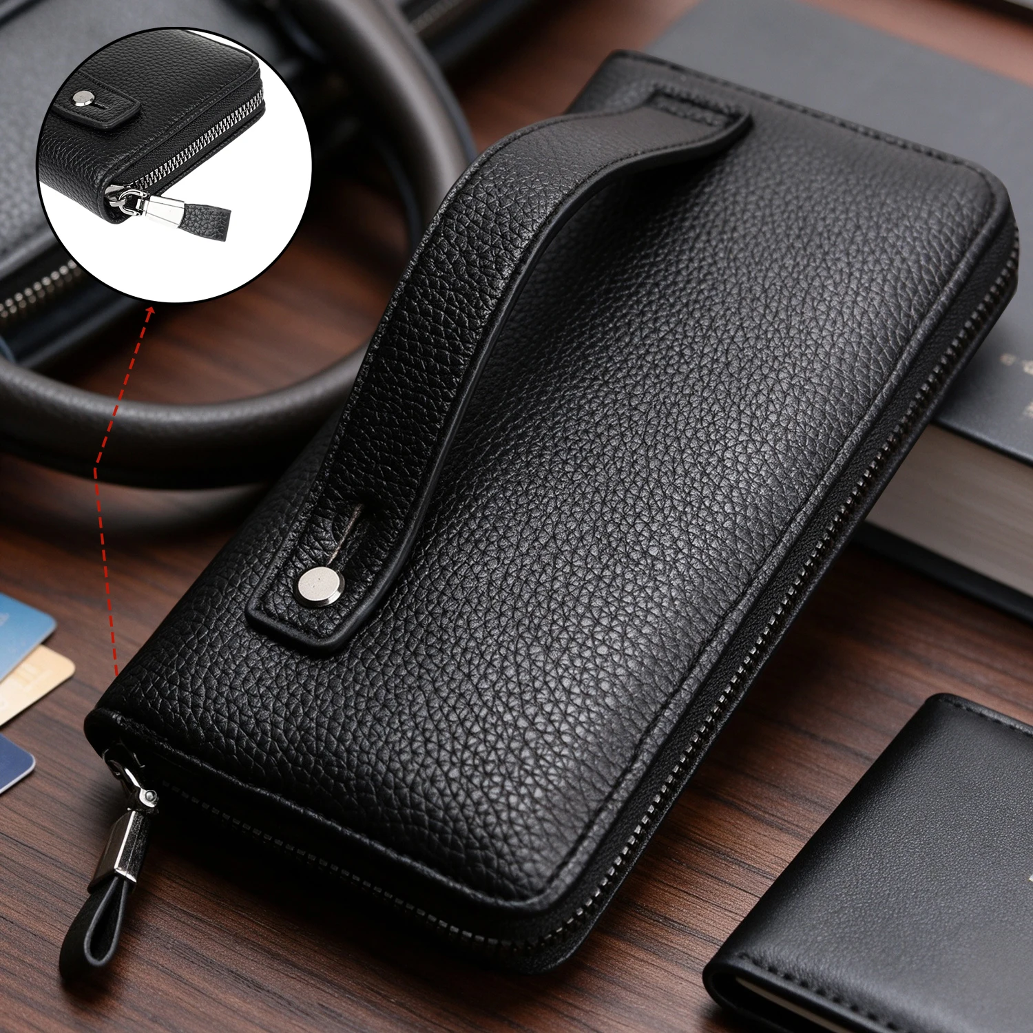 Men's PU Leather Long Zipper Wallet, Large Capacity Zip Around Clutch with Wrist Strap, 8 Card Slots, Coin Pocket, Phone Holder