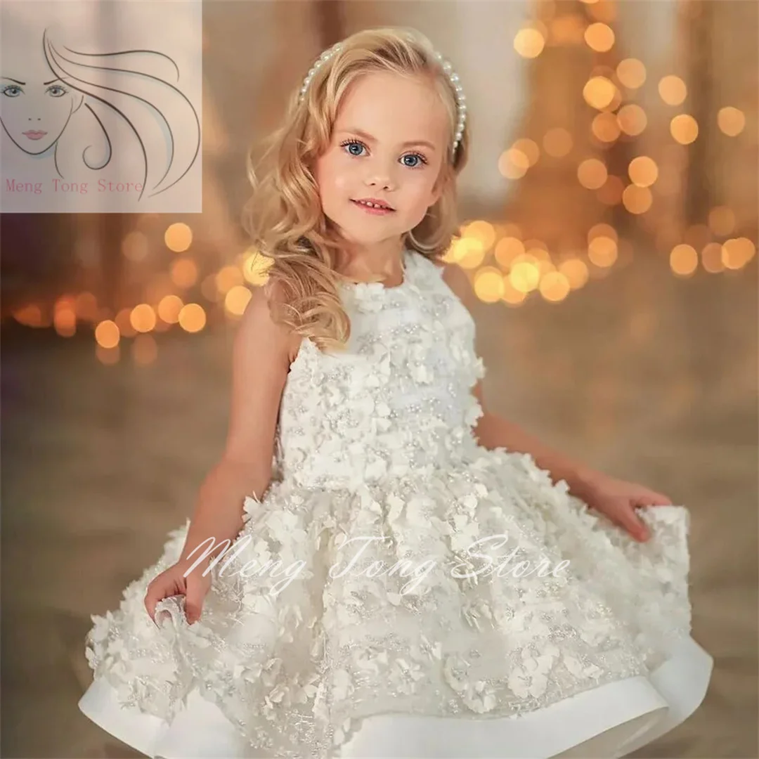 Elfenbein Blumen mädchen Kleid für Hochzeit ärmellose 3D-Applikation Mini geschwollene Kind Geburtstag Prinzessin Kleid Erstkommunion Ballkleider