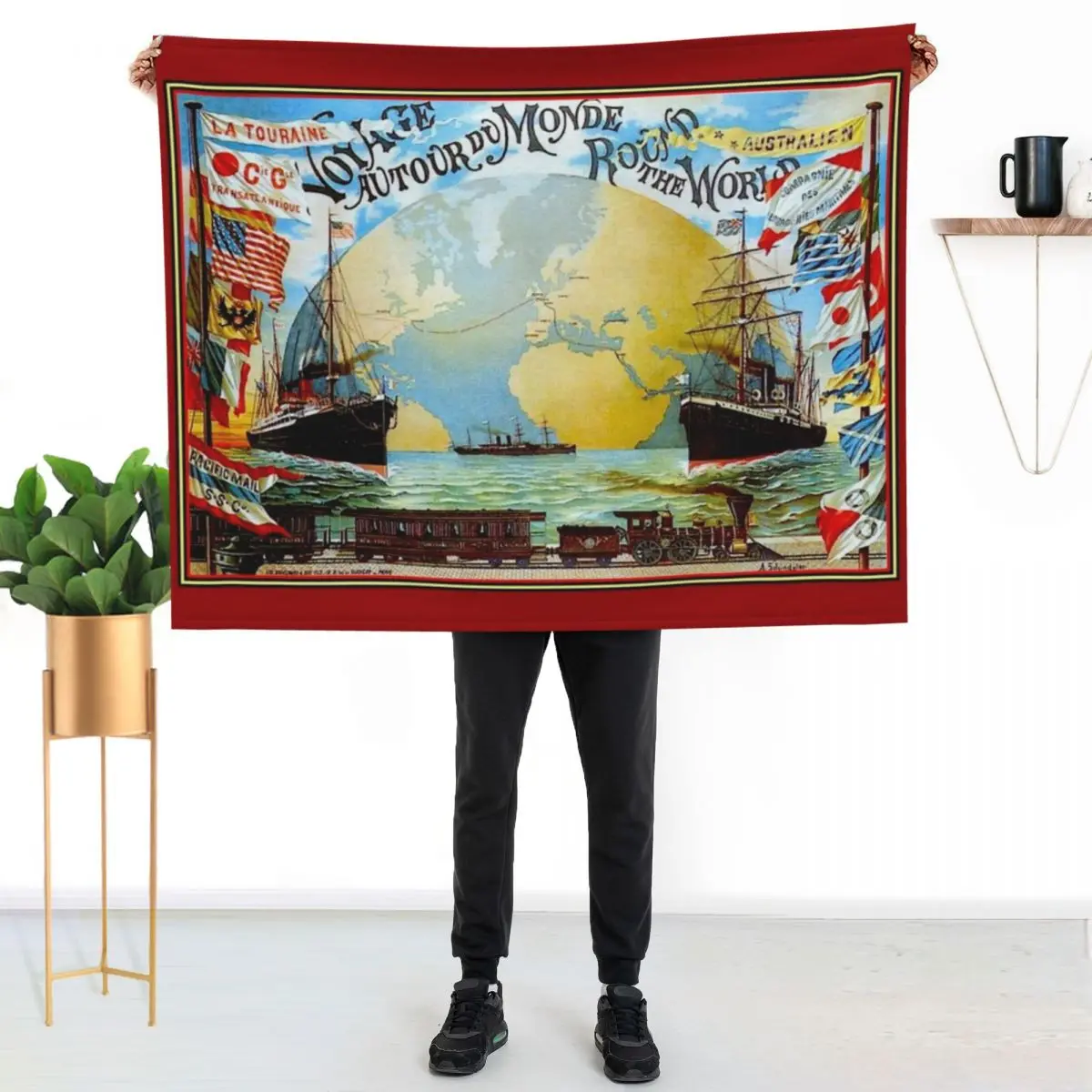 Alrededor del mundo en 80 días; Manta vintage con estampado de Jules Verne, manta suave y acogedora para decoración del hogar