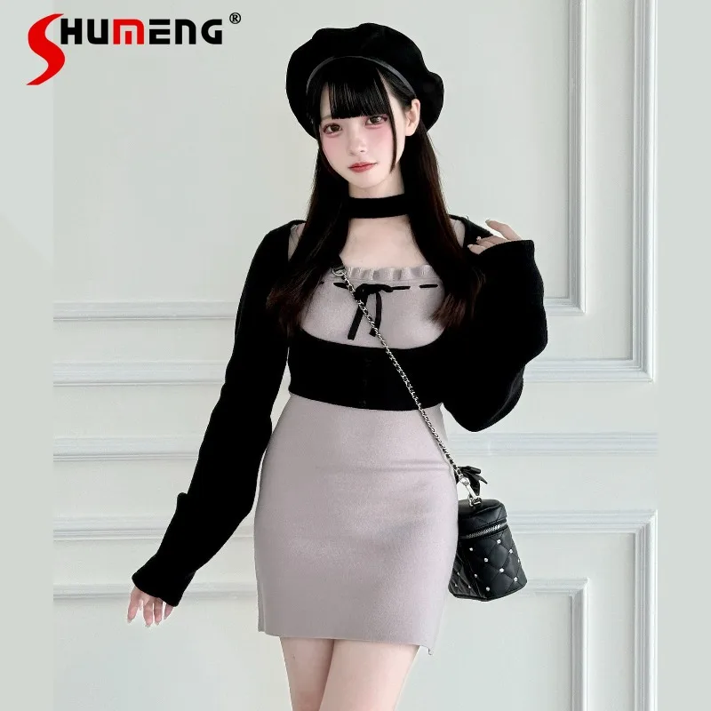 

Комплект из 2 платьев-свитеров: черное, серое, хаки. Платья в стиле японской Лолиты, серия Mine, уникальный дизайн, прозрачный стиль.