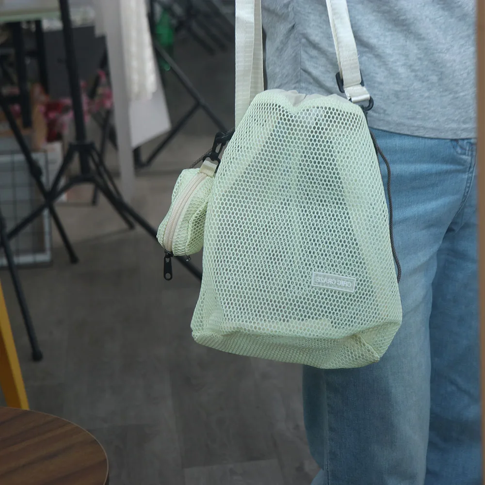 

Sweet Korean Style Drawstring Bucket Bag with Coin Purse Transparent Mesh Shoulder Bag Solid Color Purse Mobile Phone Bag Women
