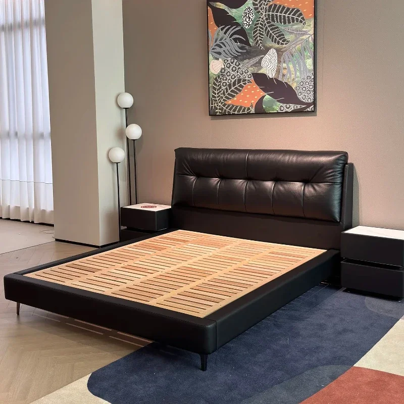 Genuine Leather Double Black Soft Bag First Layer Cowhide Bedroom Bed 2 People Double Bed Frame Marriage Beds Furniture 1.8x2.0m