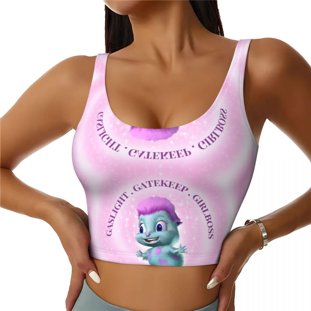 

Custom Women Cartoon Bibble Beliefs Sports Bras Gaslight Gatekeep Girlboss High Impact Gym Workout Yoga Crop Tank Tops