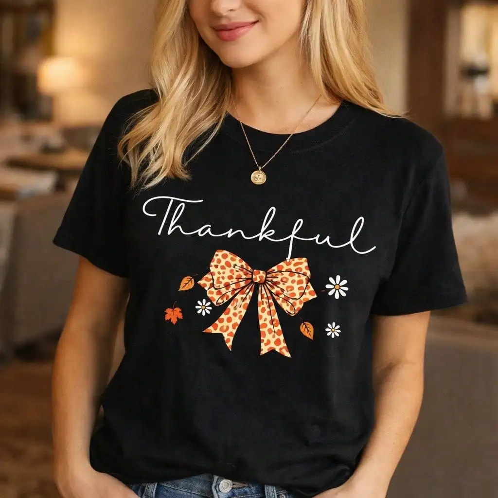Plus Size Thankful Fall Bow Print Shirt
