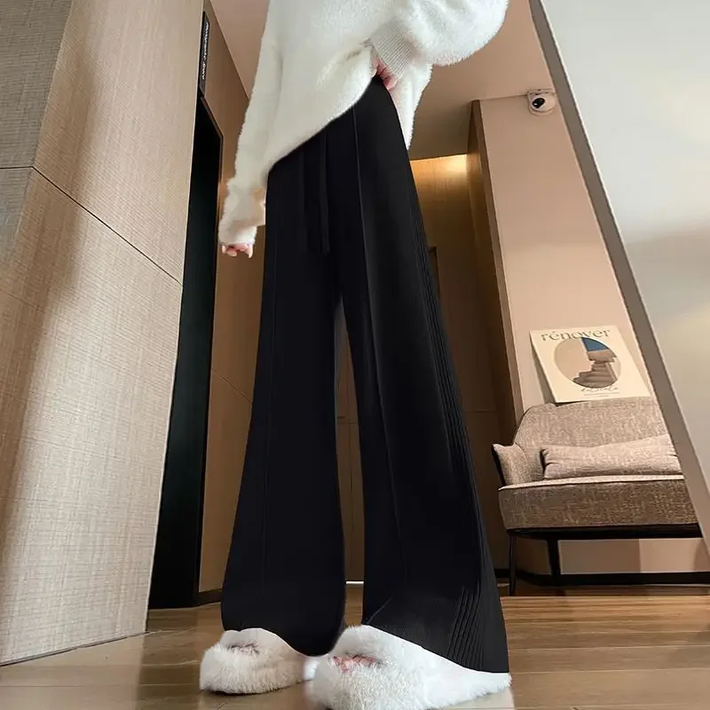 

Casual Pants for Women New Narrow Version Wide-leg Floor Trousers Autumn and Winter Side Pit Strip Pressed Knitted
