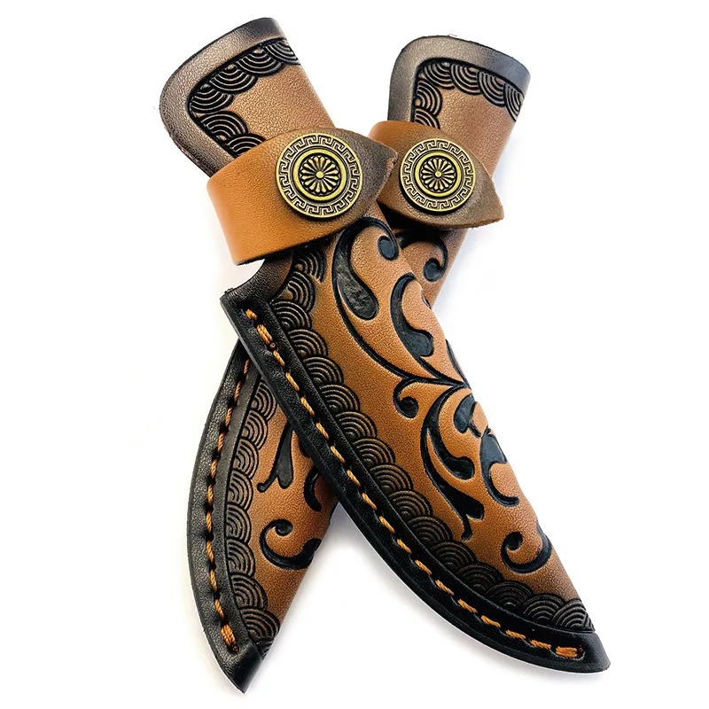 152mm Genuine Cowhide Fixed Blade Knife Sheath - Universal Full-Grain Leather Case for Hunting Knife Embossed Design