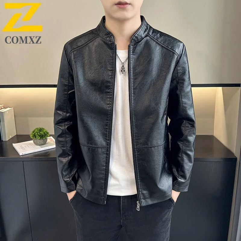

2025 Men Leather Jacket Solid Color Fashion Versatile Windproof Stand Collar PU Leather Jacket Slim Fit Handsome Motorcycle Coat