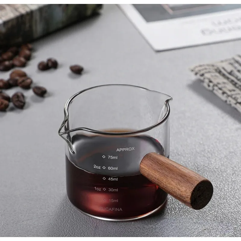 Taza medidora de Espresso de vidrio con mango de madera, jarra de leche con doble boca, suministros de café, taza de cocina, vasos, 100ML