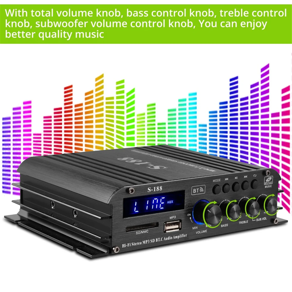 90W S-188 Bluetooth Stereo HiFi Amplifier 2.1 CH Audio Power Amplifier Bass Treble Control Music Player Amp EU Plug