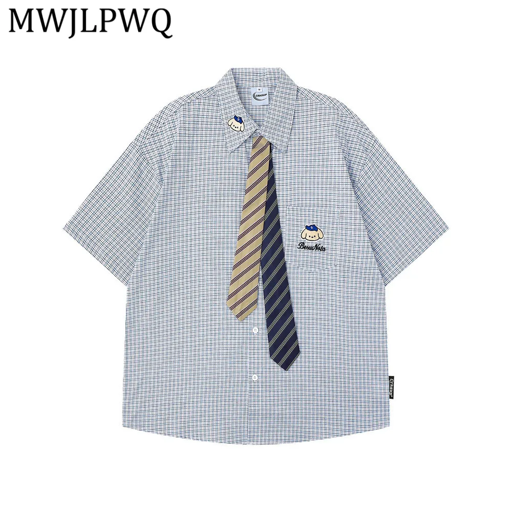 

MWJLPWQ Street Style Plaid Short-Sleeve T-shirts For Men Loose Fit Trendy American-Style Tie Collar Summer Casual Tops 14049