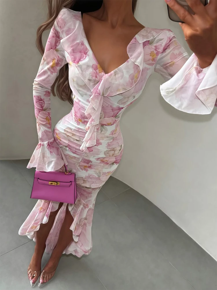 V-neck Organza Floral Chiffon Puff Sleeve Slit Long Dress Bodycon High Slit Bodycon Sexy Dresses Lady Chic Daily Sweet Date Robe - Image 5
