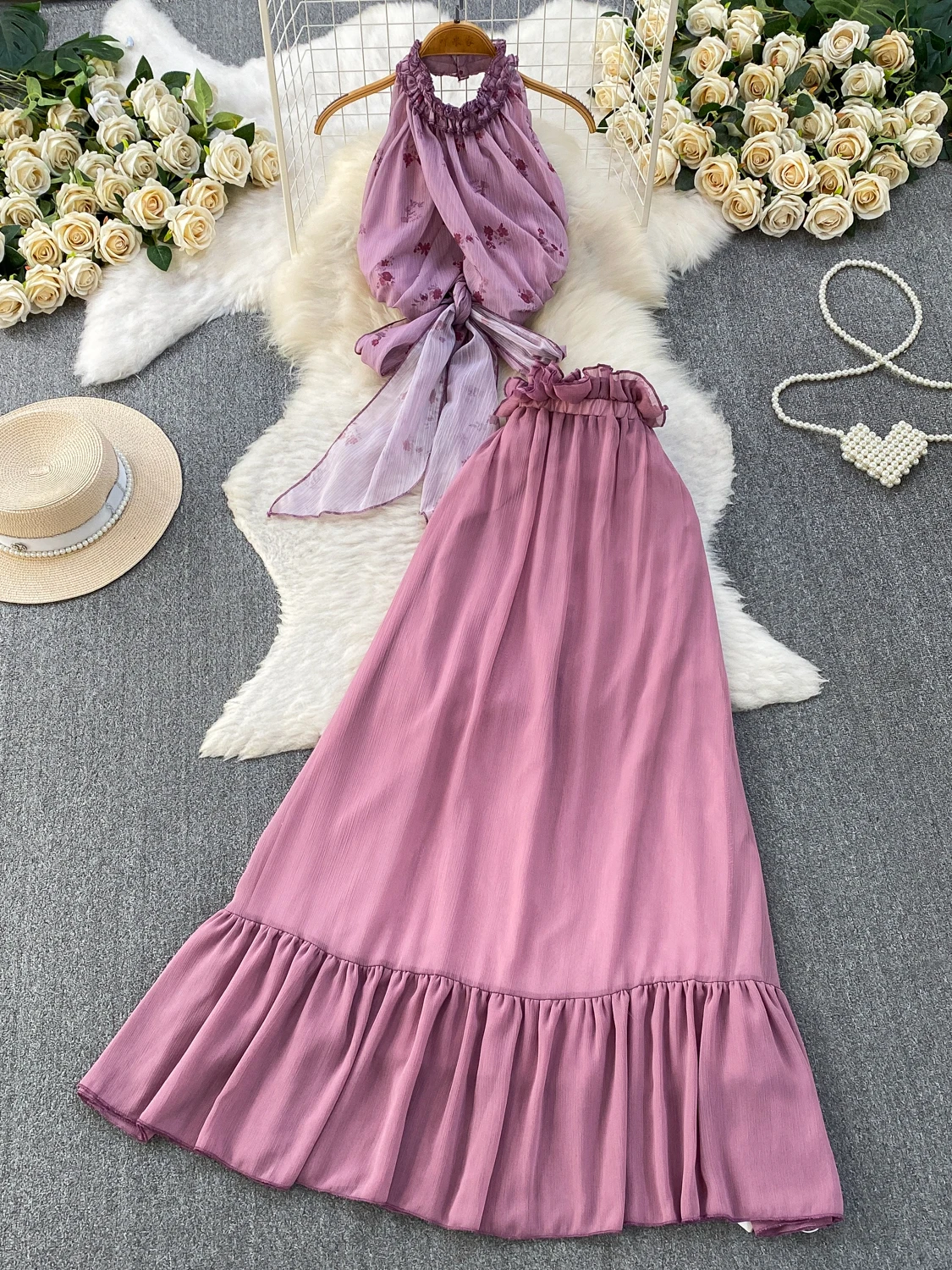

Sexy Short High Waist Ruffle Hem Top And Long Skirt Two Piece Set Cross Strap Backless Crop Top Slimming Effect Floral Print