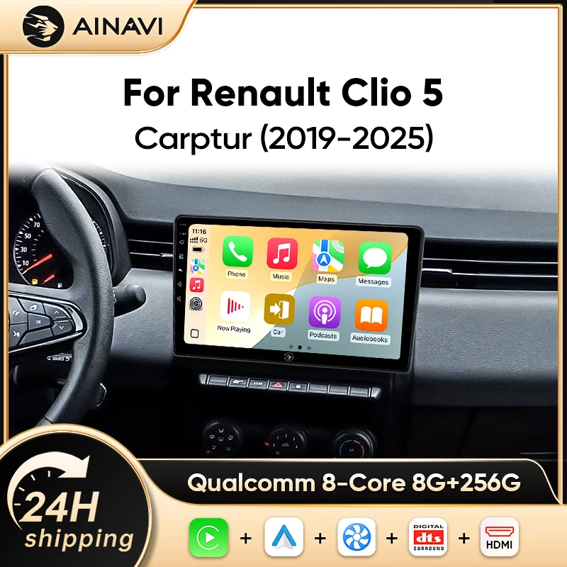 Autoradio Ainavi pour Renault Clio 5 Captur 2 2020 2021 2022 2023 2024, Carplay sans fil, Android Auto, multimédia HD, Wifi 4G, BT
