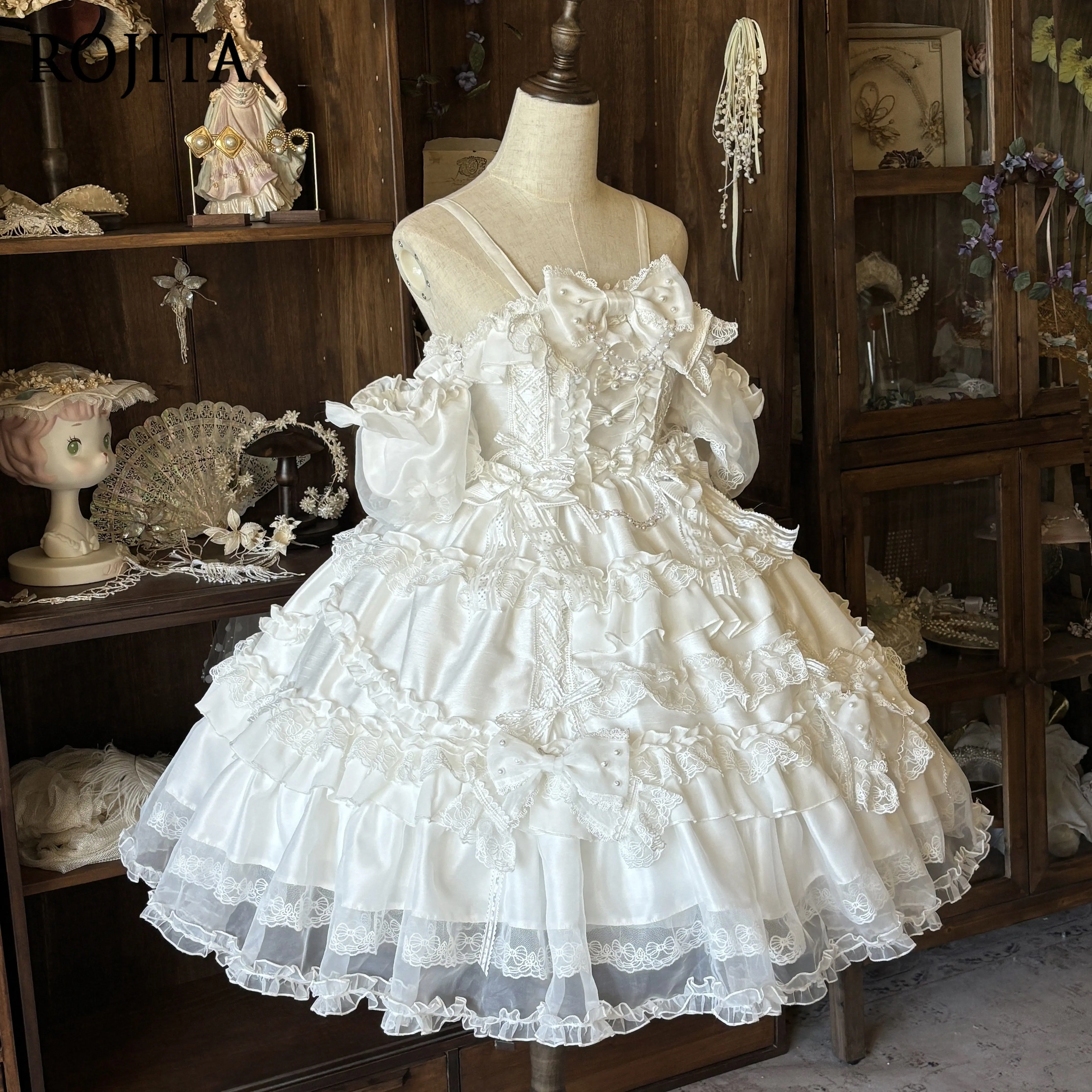 Sweet Pink Satin Lolita JSK Dress Off Shoulder Detachable Puff Sleeve Multi Pearl Bows Tiered Lace Ruffle Layered Skirt