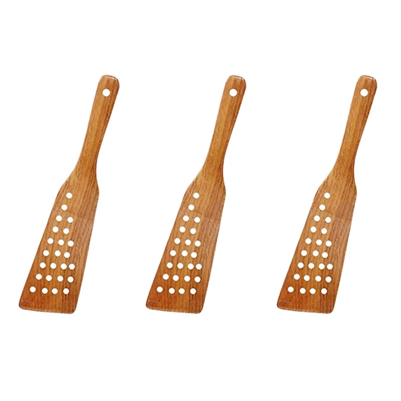 HOT SALE 3 Pcs Wood Filter Spatula,24 Holes Filter Non-Stick High Heat Resistance Shovel With Long Handle,Frying Steak Shovel