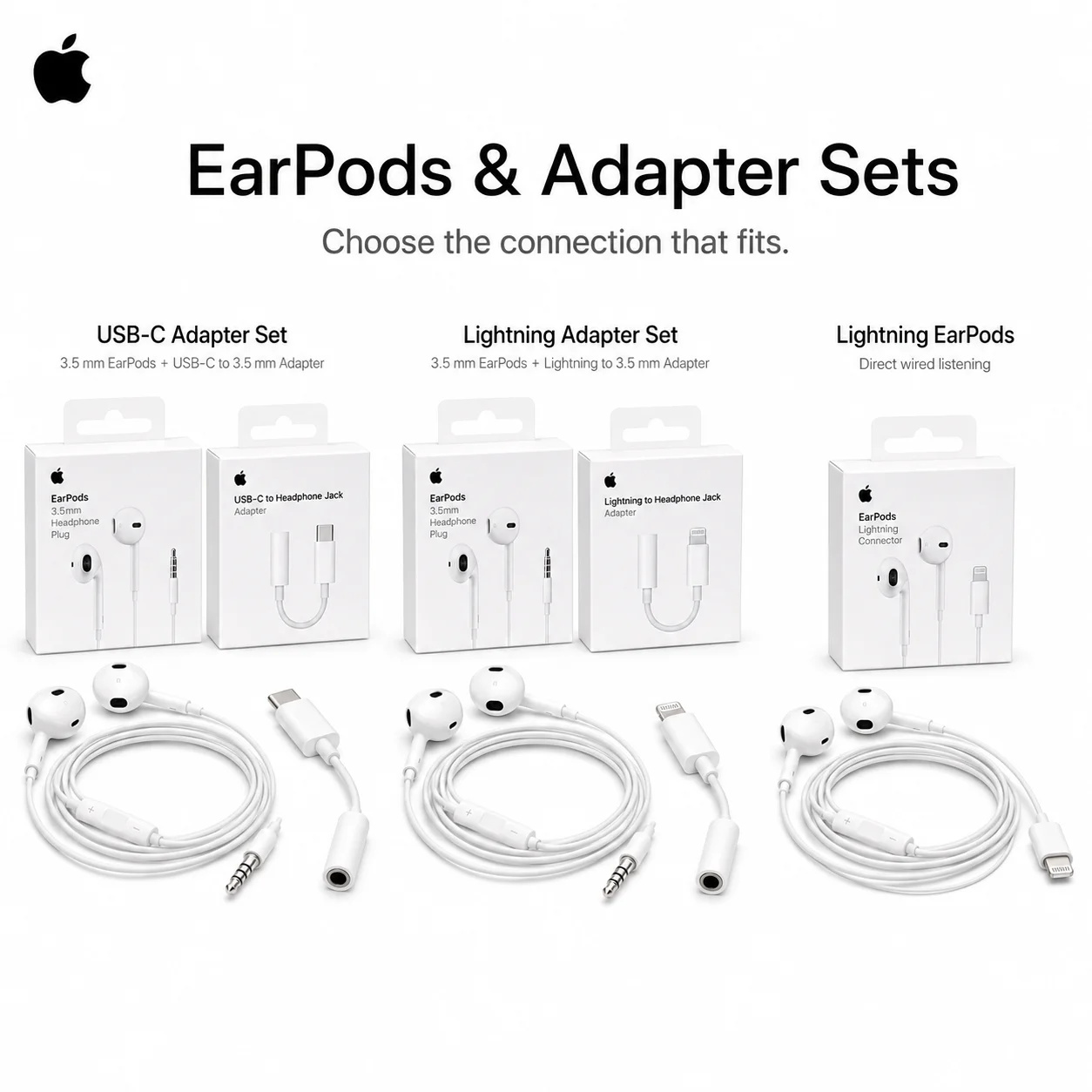 Fones de Ouvido com Fio Oficiais Apple EarPods com Conector Lightning USB-C e 3.5mm, com Microfone e Adaptadores Remotos para iPhone, iPad e MacBook