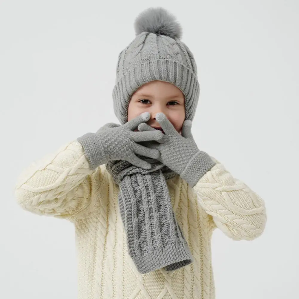 Cozy Winter Hat Glove Scarf Set 3pcs Kids Winter Accessories Set Plush Ball Hat Twist Texture Scarf Warm Gloves for Weather Cozy